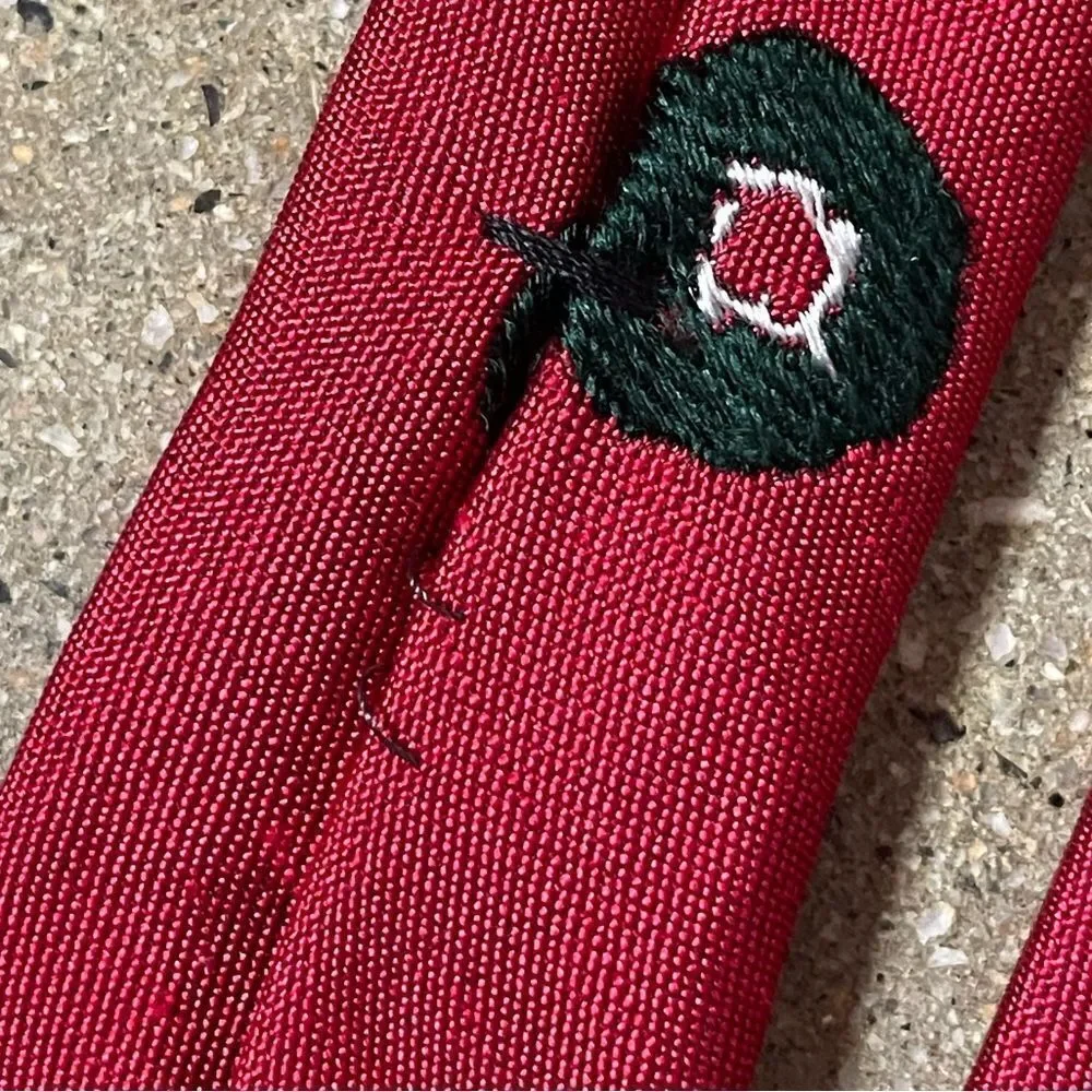 Yves Saint Laurent Vintage 100% Silk Red Christmas Tie w/Green Wreath Designs